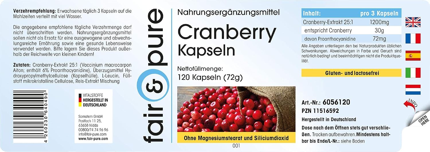 Detalle 2 de Fair & Pure Cranberry Extrakt 1200 mg pro Tagesdosis — 120 Kapseln, vegan, hergestellt in Deutschland
