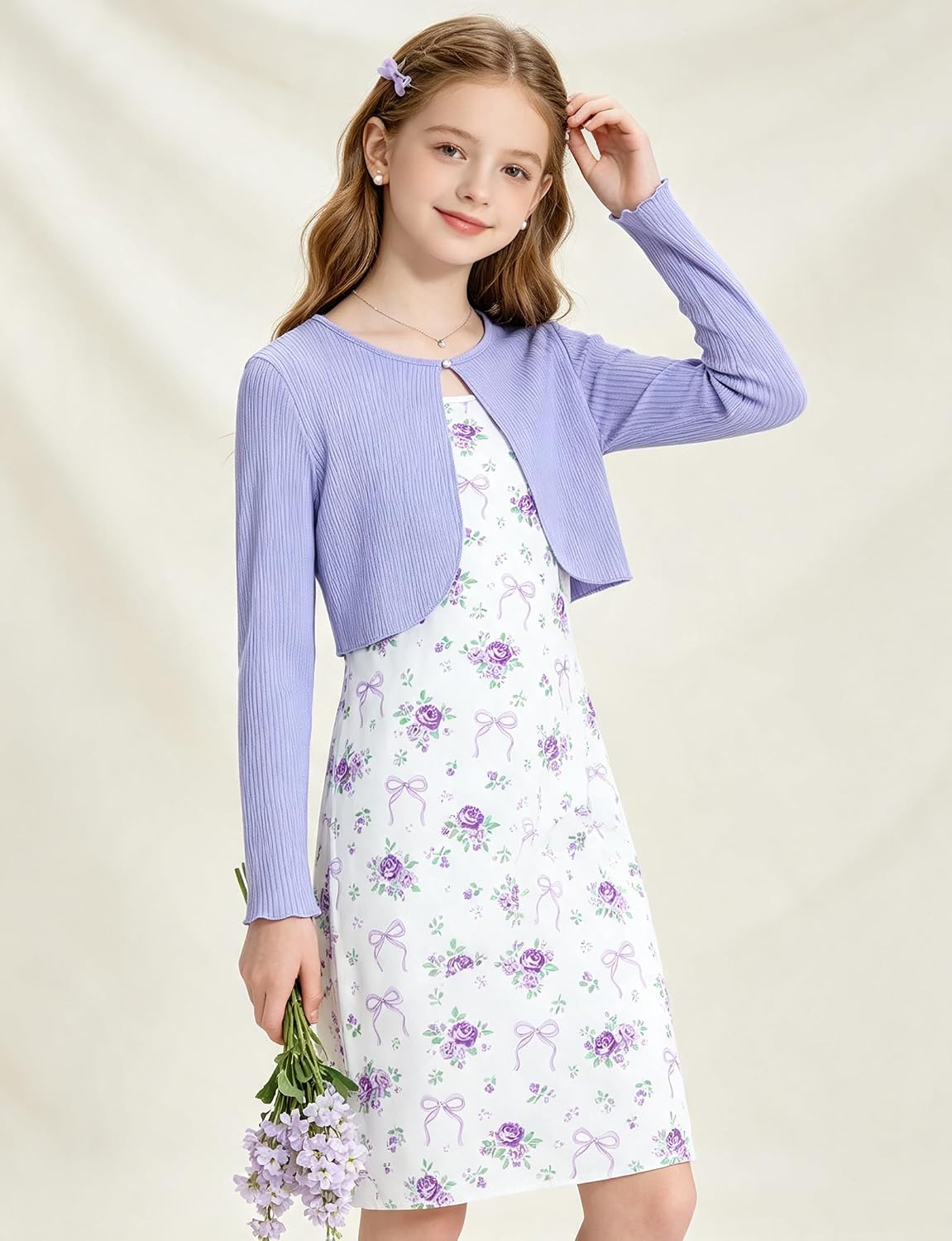Detalle 2 de Girls' Sleeveless Dress with Ruffle Cardigan, Size 7–14