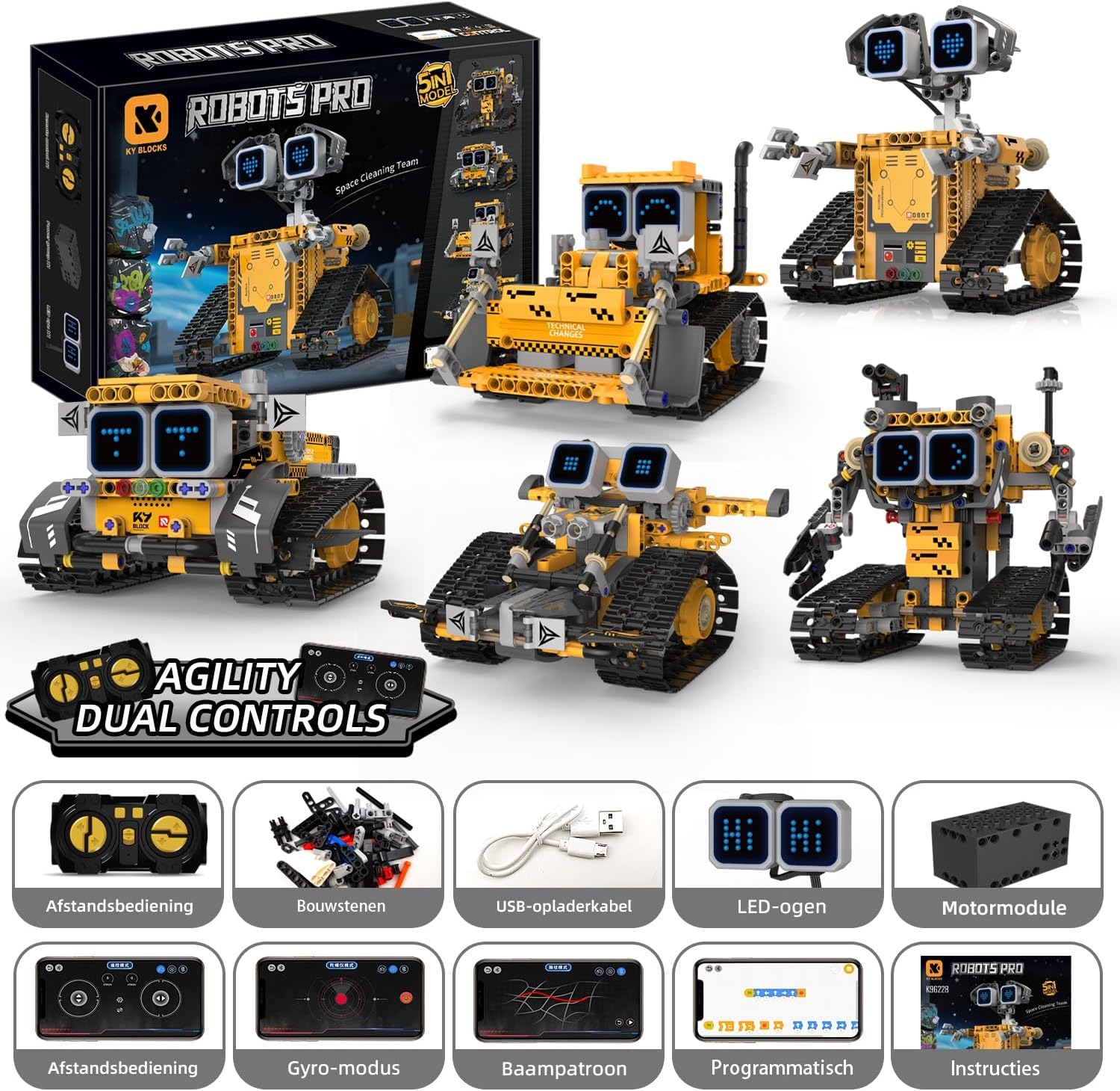 Thumbnail 6 de PENGBU RC K96228 5-in-1 bouwrobot met app, afstandsbediening en 16 led-uitdrukkingen