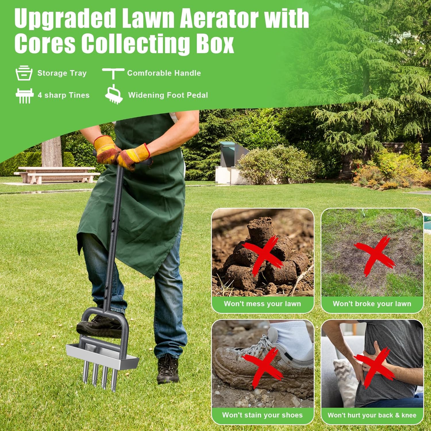 Thumbnail 4 de Yornoli Lawn Aerator Tool – Heavy Duty Hollow Tine Manual Coring Aerator with 4 Stainless Steel Pluggers
