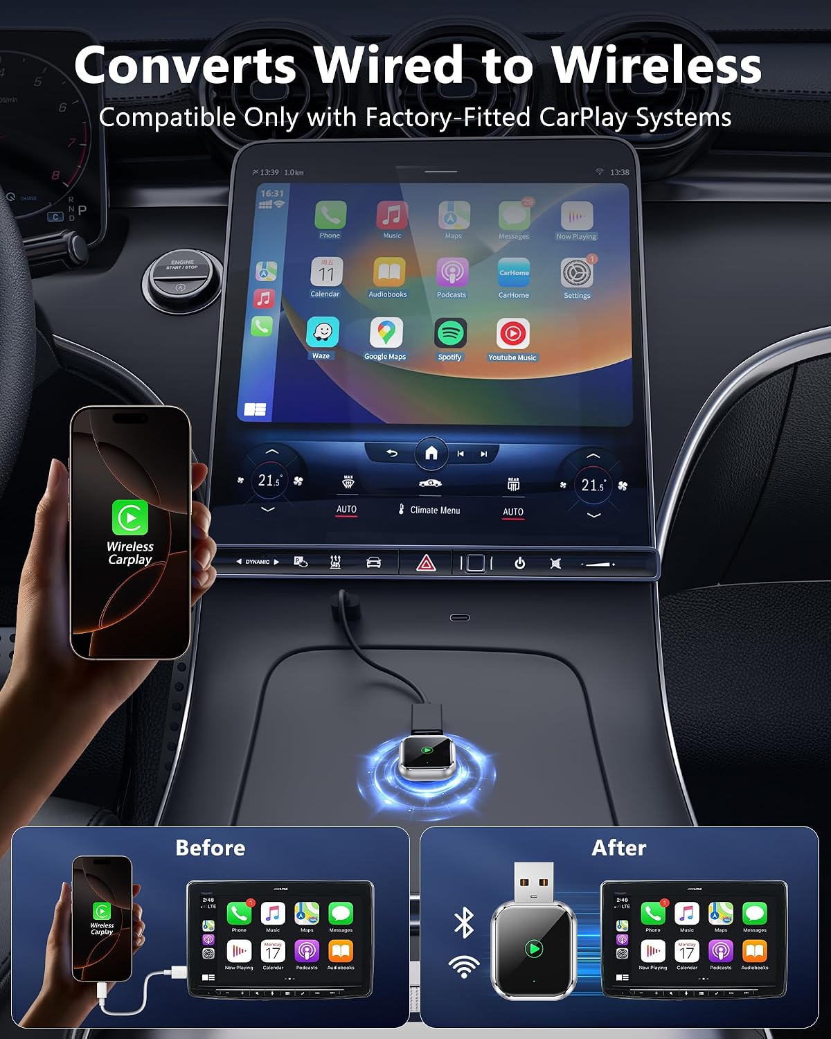 Thumbnail 3 de TKHIN Wireless CarPlay for Apple iPhone — Plug‑and‑Play Wireless CarPlay Dongle