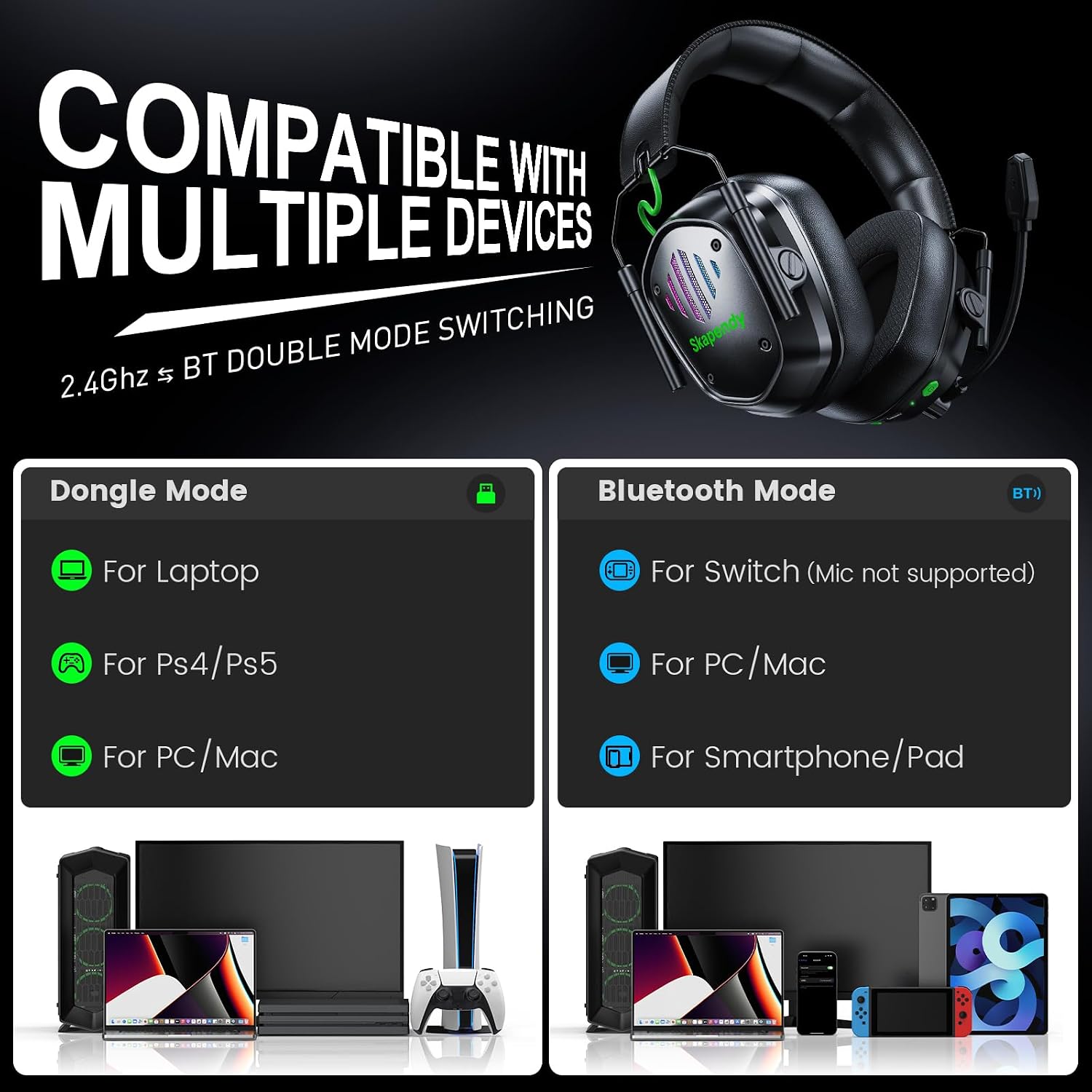 Thumbnail 6 de SKAPENDY VK81 Wireless Gaming Headset for PS5, PS4, PC & Switch (2.4 GHz + Bluetooth, 20 ms latency, ENC mic)