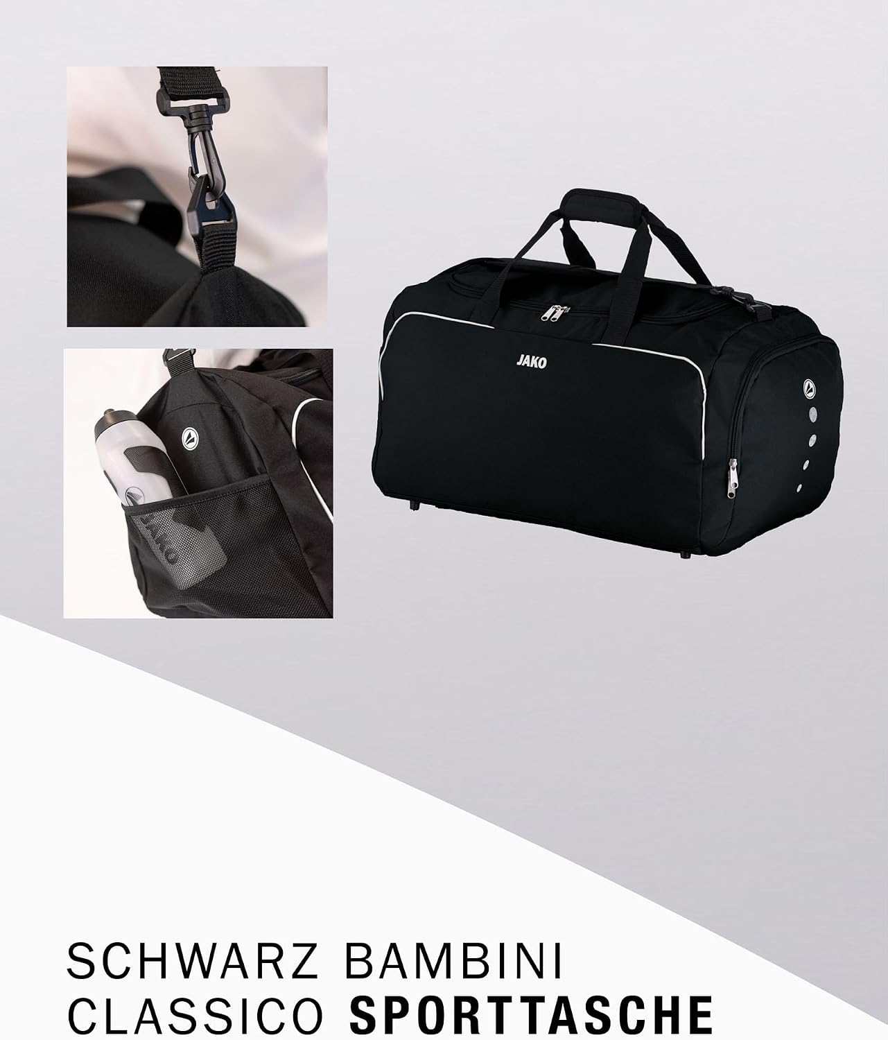 Detalle de JAKO Classico – czarna torba sportowa 38 × 21 × 28 cm z regulowanym paskiem