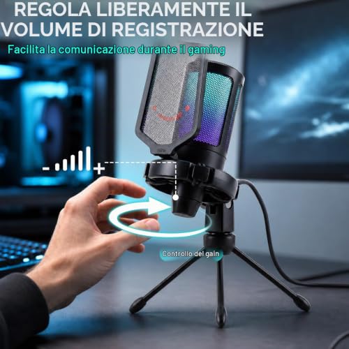 Detalle de FIFINE PC Microfono Gaming USB: streaming su PS4/PS5 e PC con mute rapido e RGB dinamico