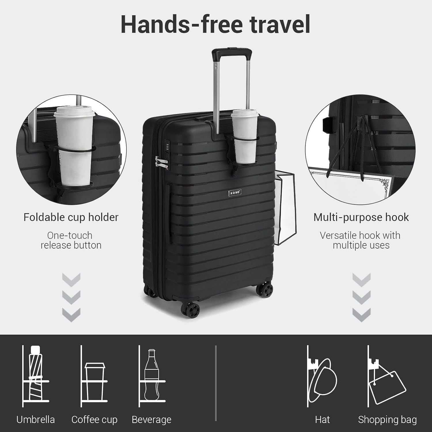 Thumbnail 3 de Kono Medium PP Suitcase, 76L Expandable, 4 Spinner Wheels and TSA Lock