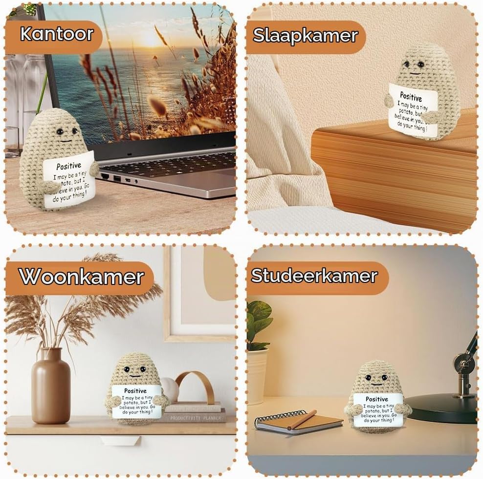 Detalle 1 de Aolso gebreide aardappelpop met positieve kaart, wollen knuffel in kaki
