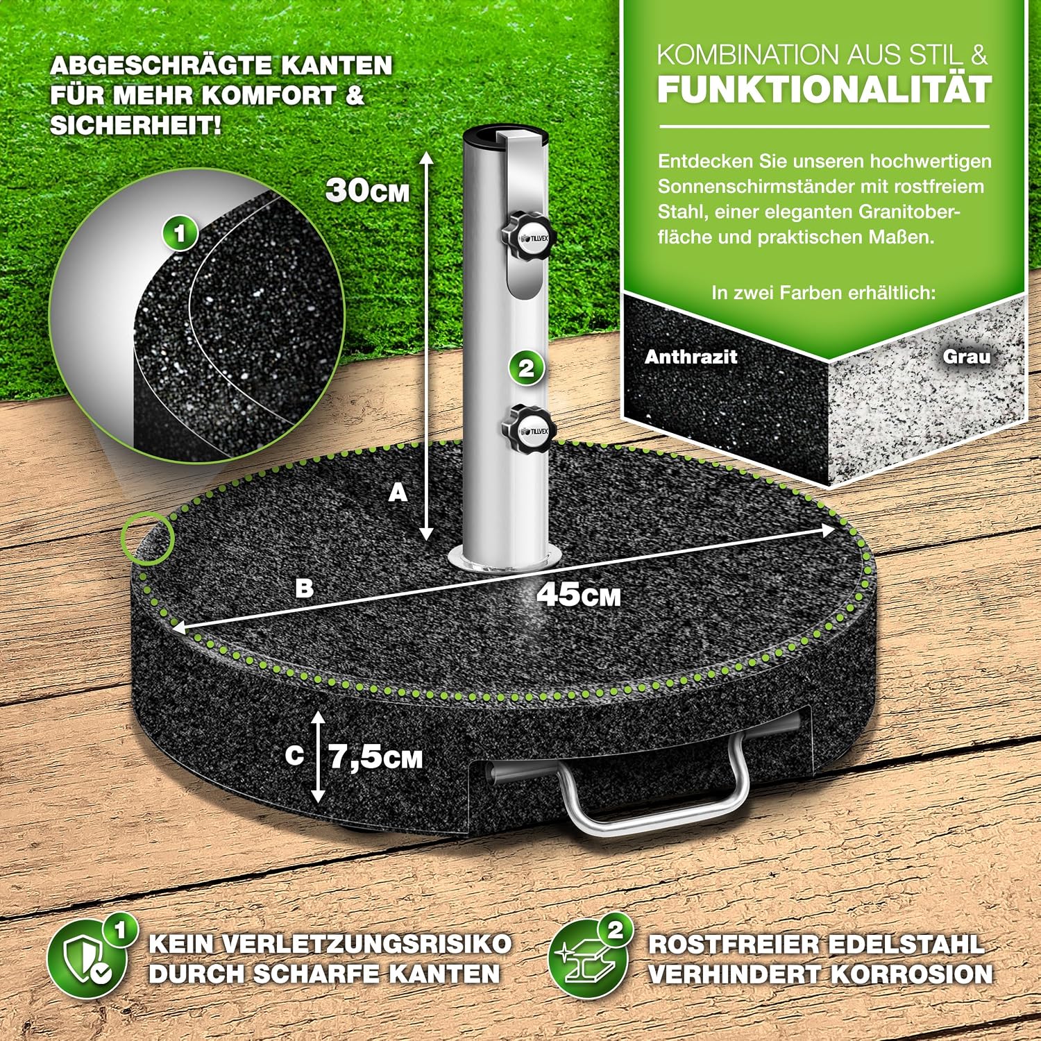 Detalle de tillvex TVGNSSD-008 granieten parasolvoet met wielen en telescopische handgreep