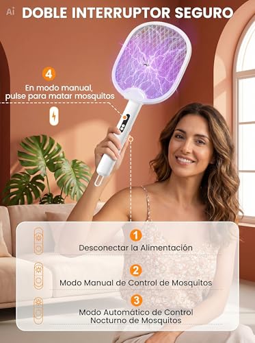 Detalle de WOCVRYY Raqueta Mosquitos Eléctrica 4000V, 1800mAh USB-C, Plegable 3 en 1
