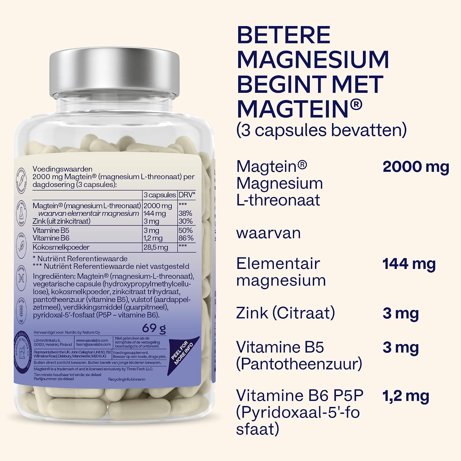 Detalle 1 de AAVALABS Magtein® magnesium L-threonaat, 2.000 mg per dagdosering, vegan