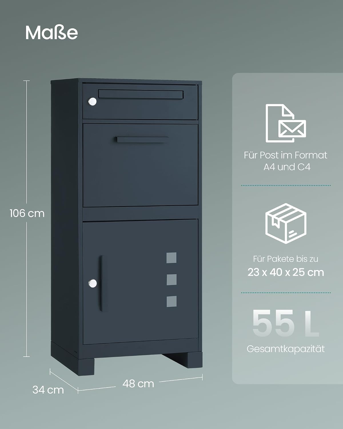 Detalle de SONGMICS Paketbox GMB091GZ01 – Paketbriefkasten mit Paketfach, 55 L, Stahl anthrazit