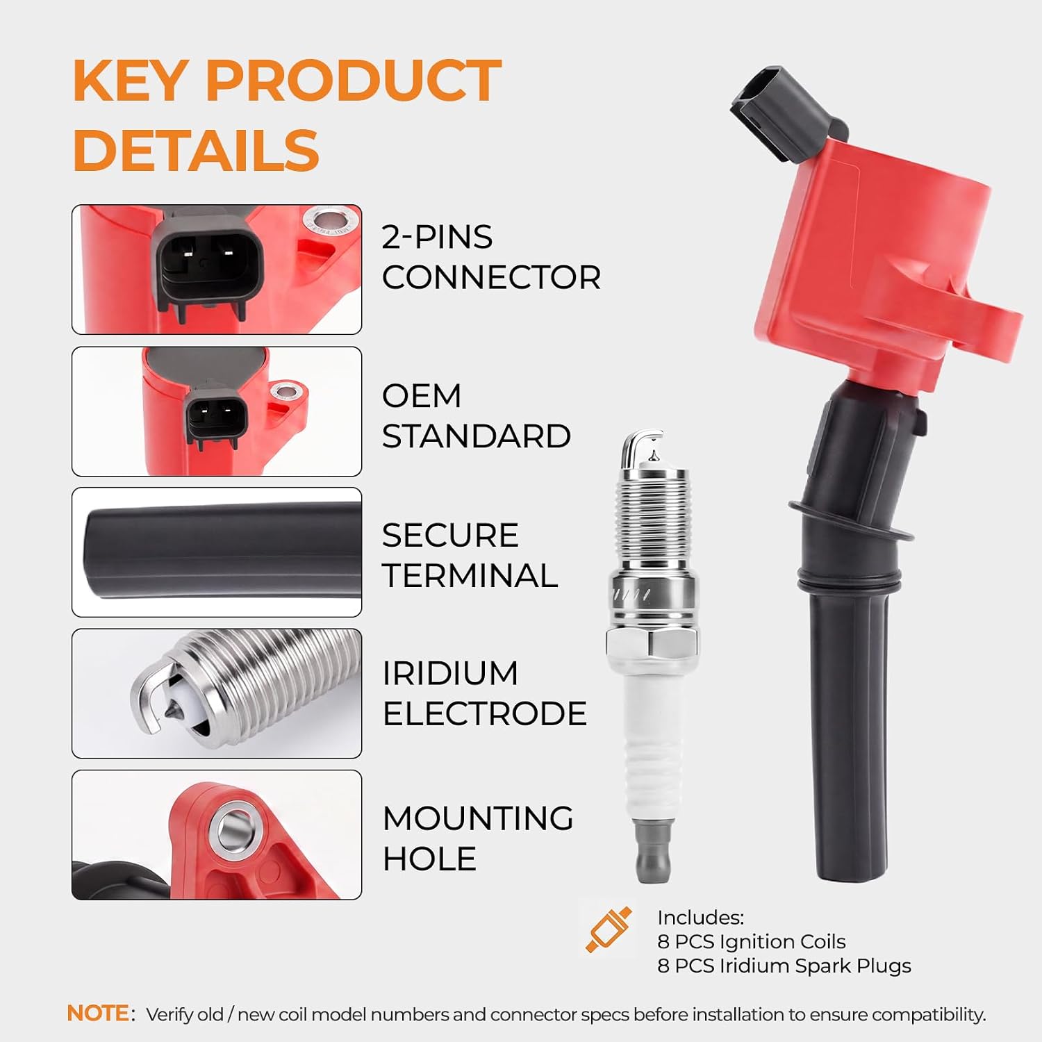 Detalle de Autoexact FD504 Ignition Coil and Iridium Spark Plug Kit, 8 Coils and 8 Plugs