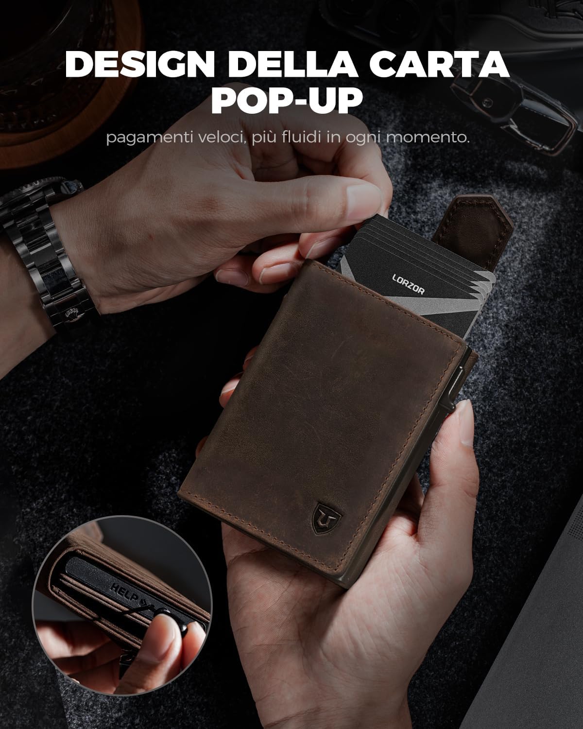 Thumbnail 6 de LORZOR Portafoglio Uomo Slim in vera pelle con RFID, portamonete e chiusura magnetica pop-up (capienza fino a 10 carte)