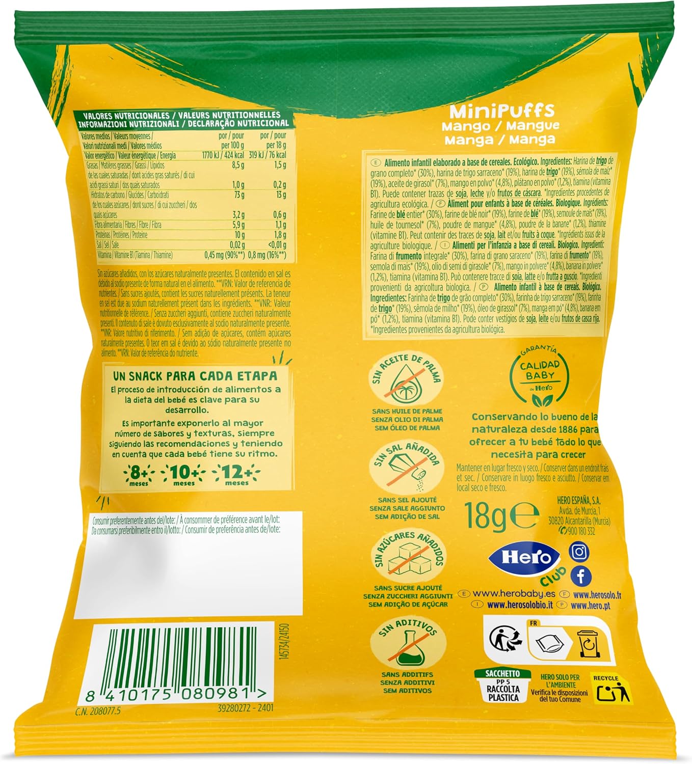 Detalle de Hero Solo Minipuffs de Mango 🍃 Bio y Ecológicos, Pack de 10