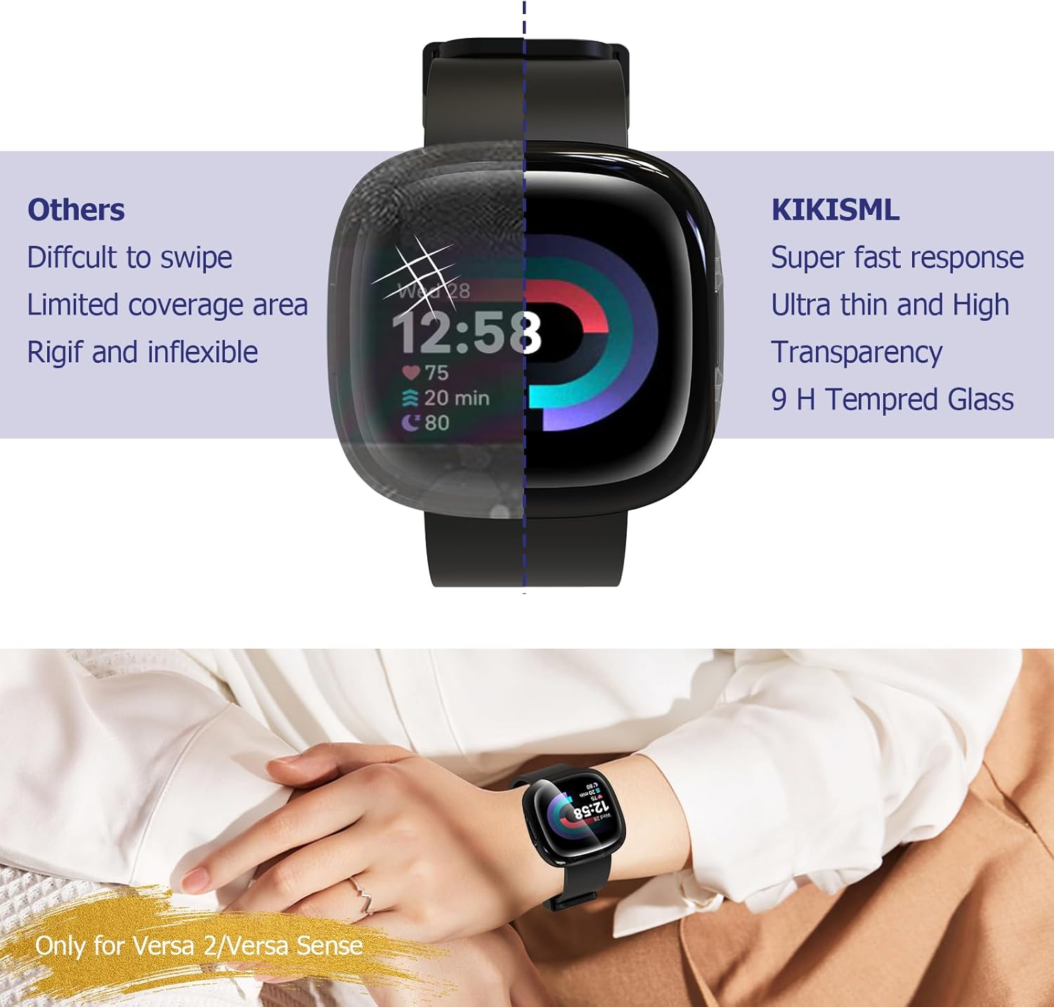 Thumbnail 2 de KIKISML 2‑Pack Screen Protectors for Fitbit Sense 2 / Versa 4 (Ultra‑Slim TPU) – Black & Clear