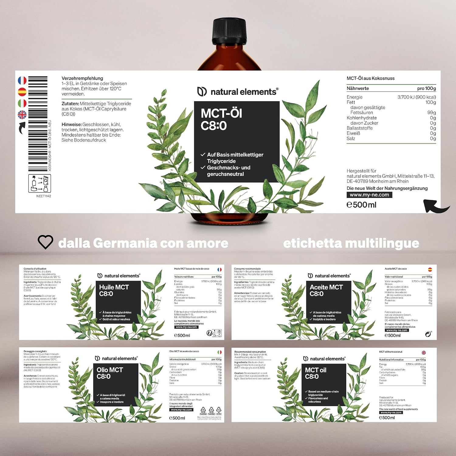 Detalle de Natural Elements Olio MCT 500 ml con acido caprilico C8 (da olio di cocco), insapore e inodore, vegano