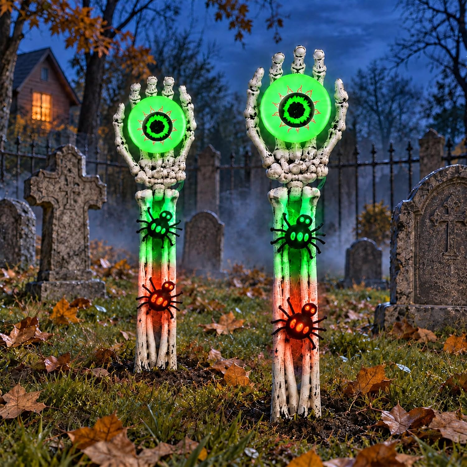 Detalle de Mantunt Halloween Skeleton Hands Outdoor Decor with Green Eyeball Lights