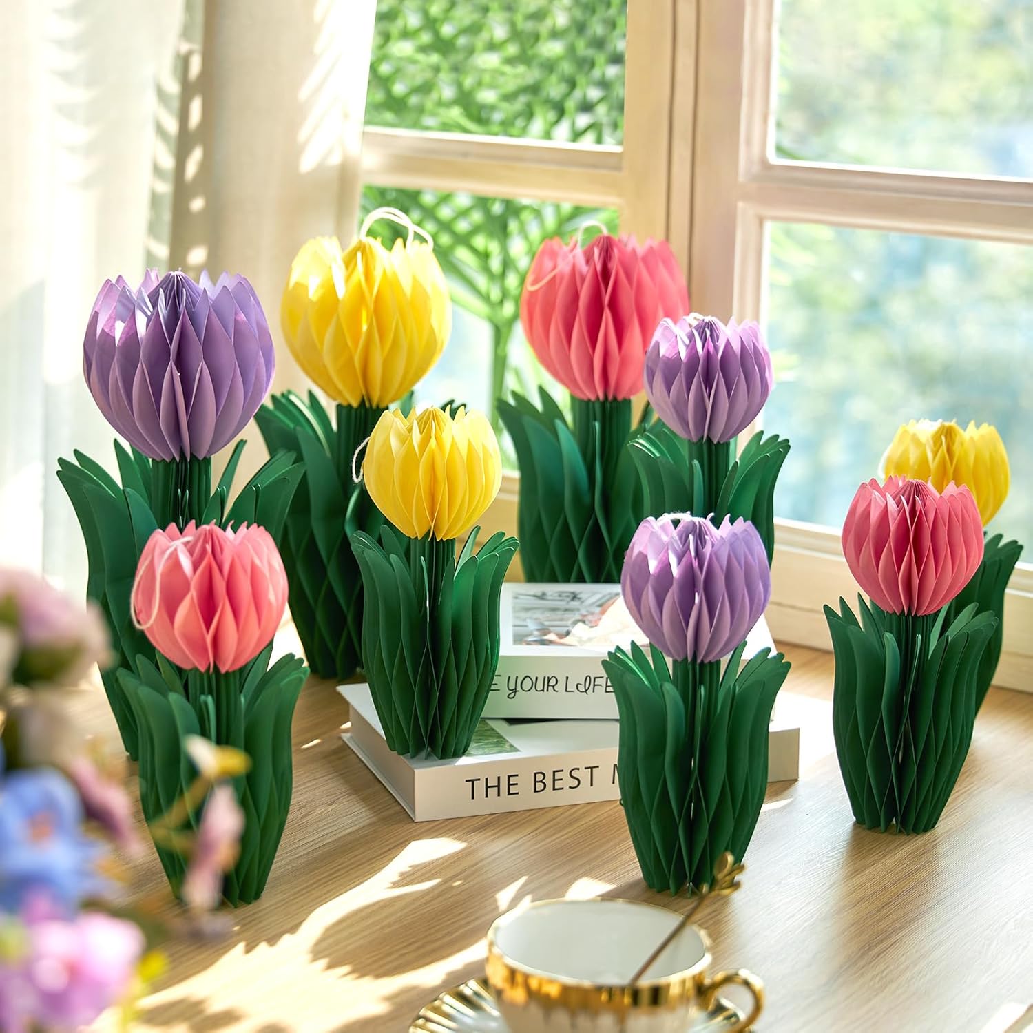 Thumbnail 5 de SUNBEAUTY 9er-Set 3D Tulpen & Wabenbälle in Rosa, Lila und Gelb für Frühlings- & Party-Deko