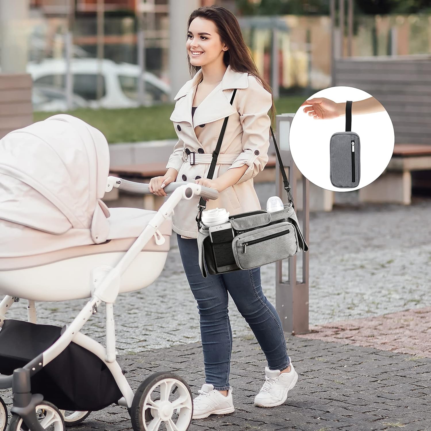 Thumbnail 5 de Momcozy Organizer universale per passeggino con porta bevande, tasca con cerniera e spazi ampi per pannolini e telefoni