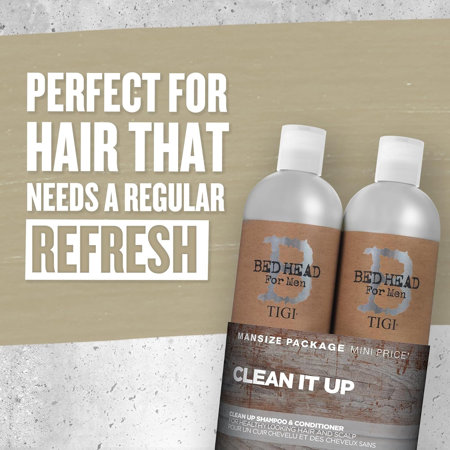 Detalle de Bed Head for Men by TIGI Clean Up Set – Tiefenreinigungsshampoo & Feuchtigkeitsspendender Conditioner, 2 x 750 ml