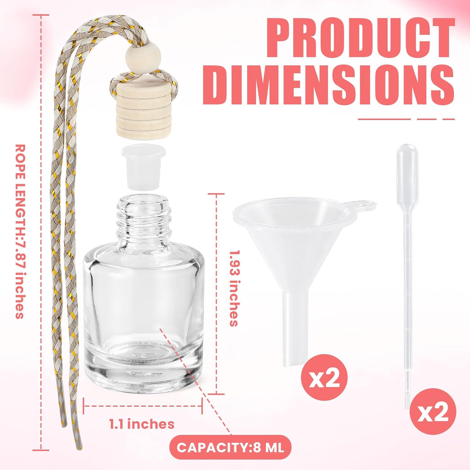 Detalle 2 de 240 Pcs Car Diffuser Bottle Set with Wooden Caps, Drops and Funnel – DIY Car Air Freshener Bottles (Clear Glass, 240-Pack)