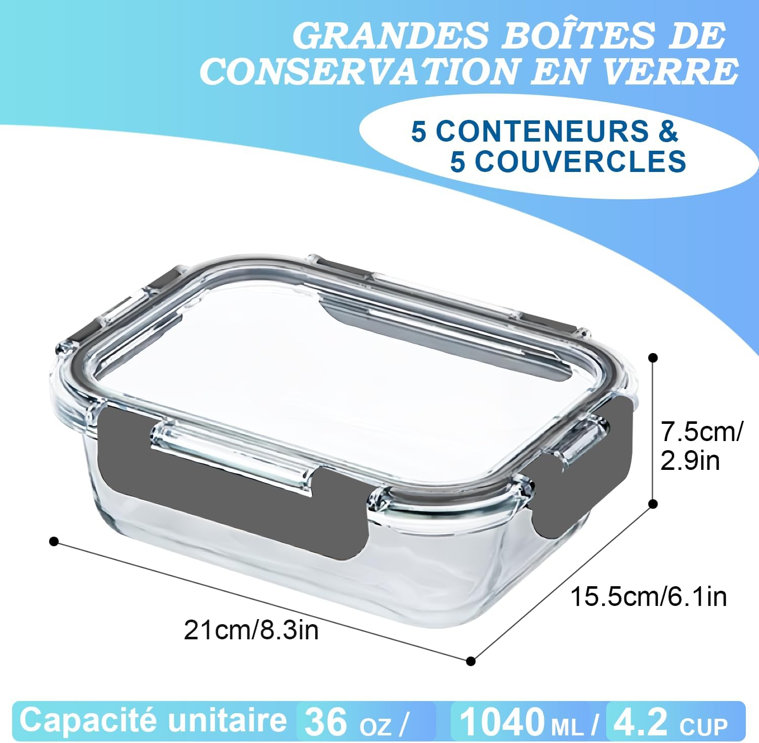 Thumbnail 1 de KUMD Lot de 10 boîtes repas en verre borosilicate 1040 ml avec couvercles amovibles (pack de 5)