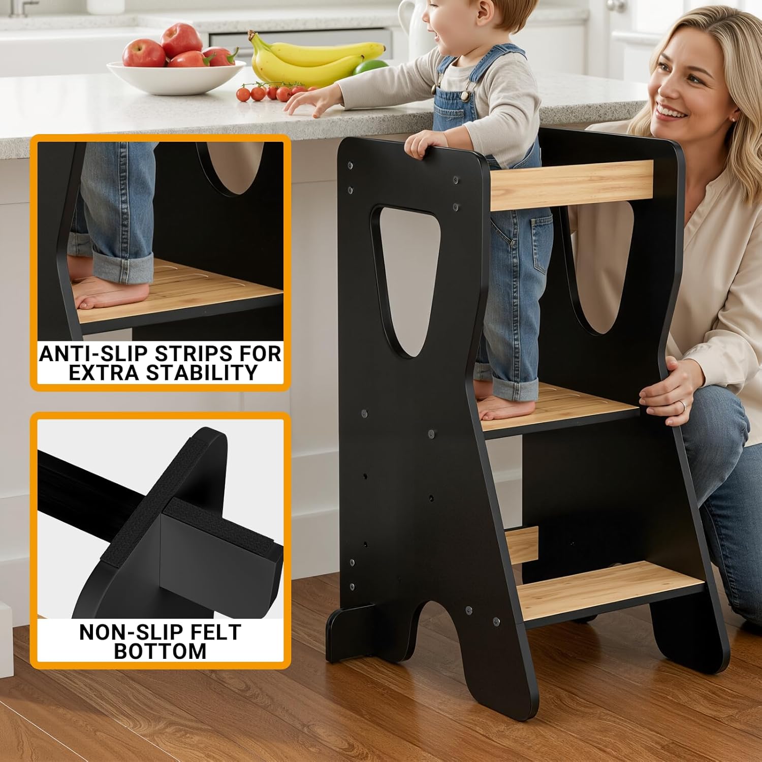 Thumbnail 2 de COSYLAND Toddler Standing Tower for Kitchen Counter – Adjustable, Stable Baby Counter Stool (Black & Natural)