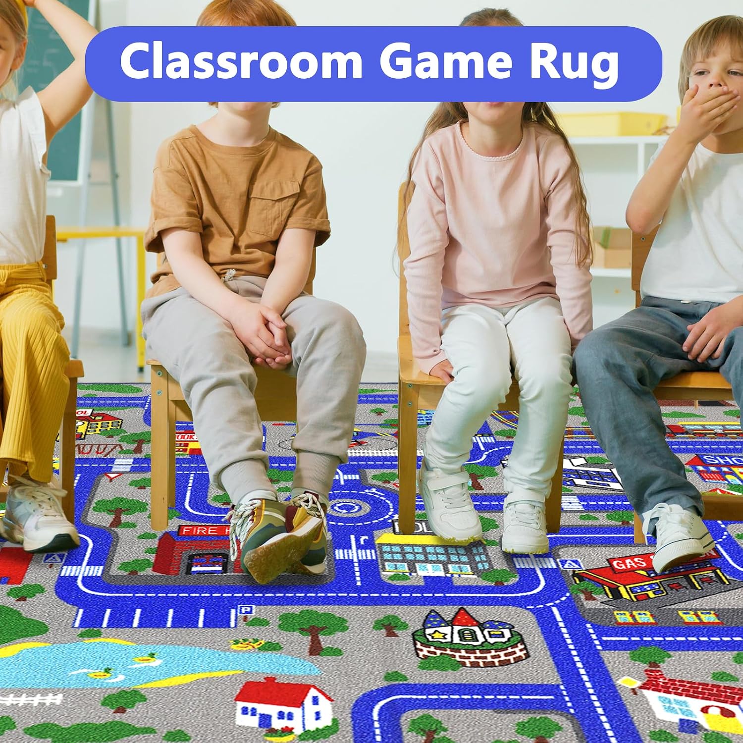 Detalle 2 de Capslpad Kinder-Teppich Spielteppich „Stadt“ 200x300 cm – rutschfest, kurzflorig, maschinenwaschbar