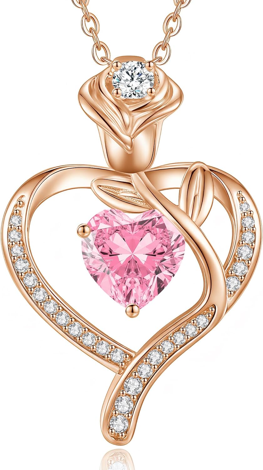 Detalle de CDE Collier femme pendentif cœur et rose argent 925 personnalisable avec pierre de naissance