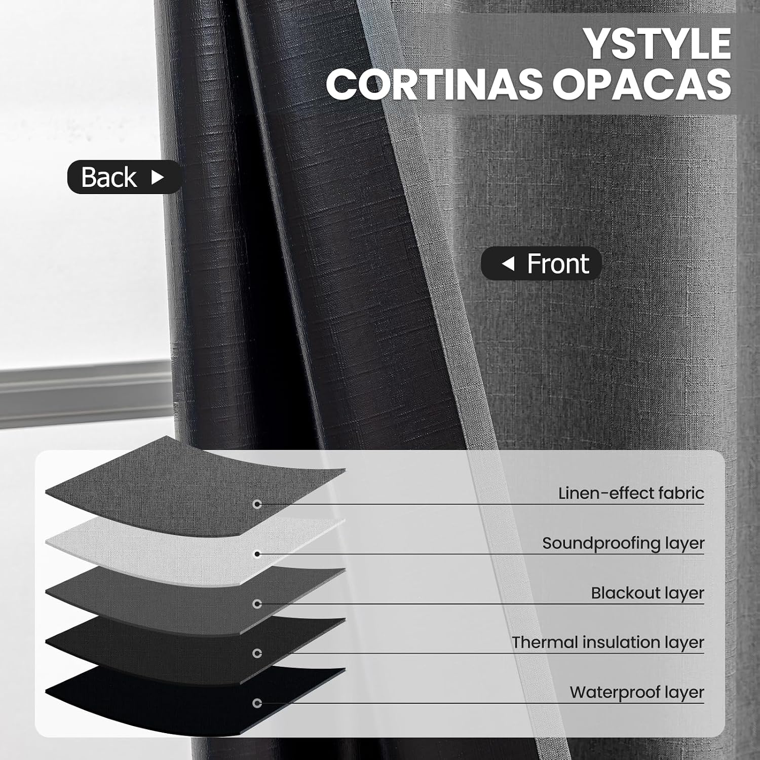 Thumbnail 2 de Ystyle 100% Rideau Occultant Lot de 2 140x160 cm – Effet Lin, Gris Foncé