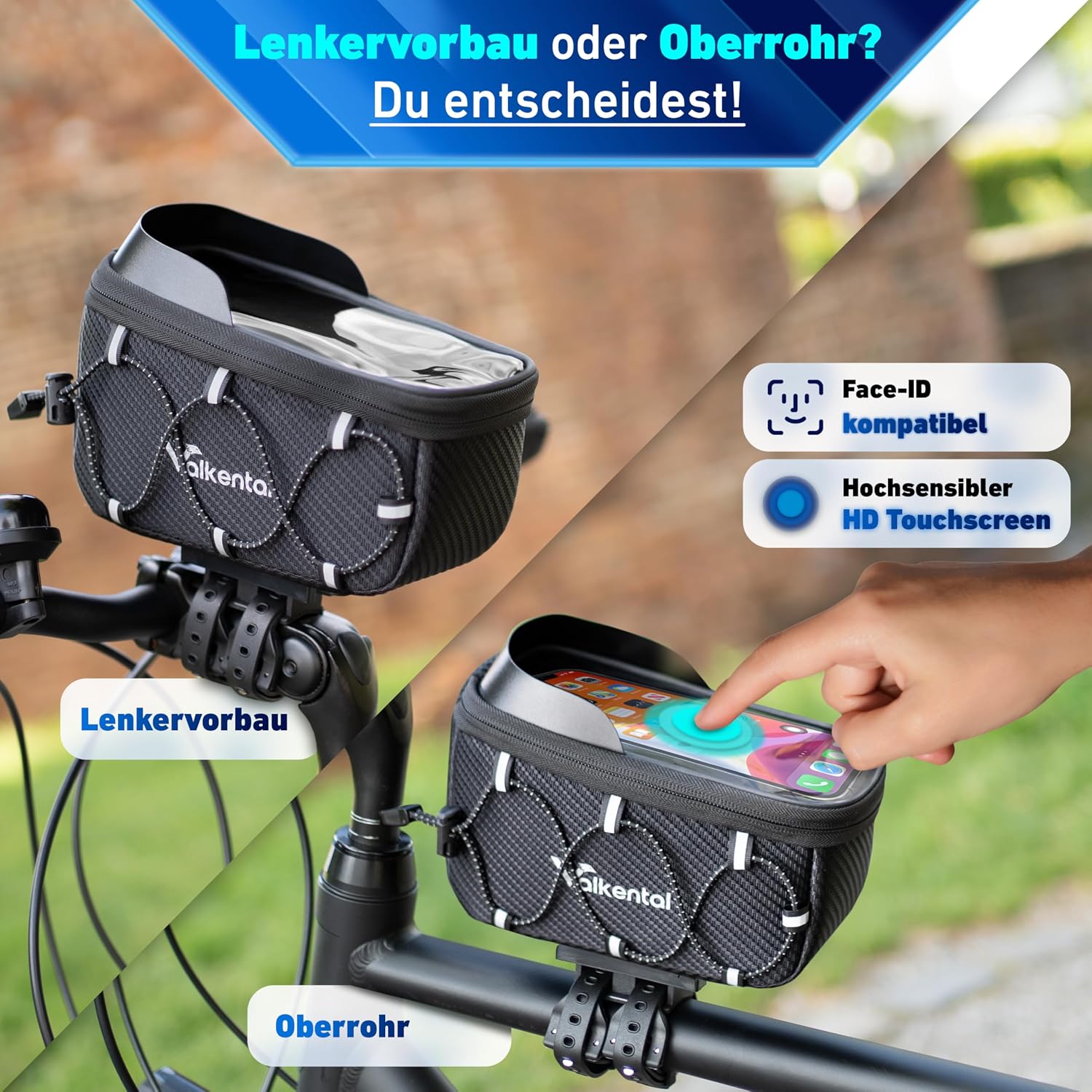 Detalle de Valkental Fahrrad Rahmentasche mit Schnellspanner – wasserdichte Oberrohrtasche für Ebike, Rennrad & MTB
