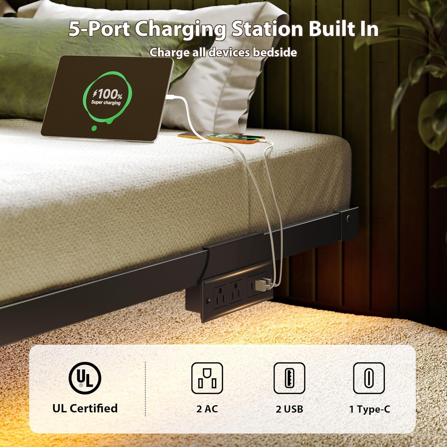 Detalle de MORICAD PX-XFC01K King Floating Bed Frame with LED Lights and Charging Station