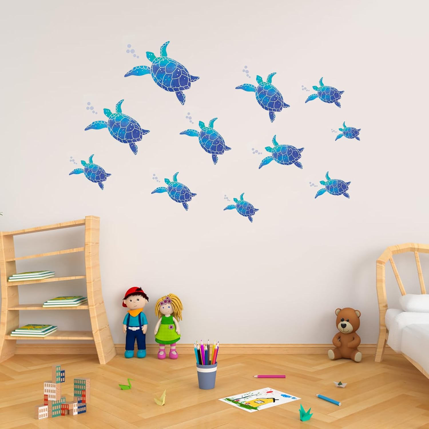 Thumbnail 5 de 45 Stück Meeresschildkröte Wandtattoo mit Gelbem Schaber – wasserfeste Vinyl-Aufkleber für Bad & Kinderzimmer (Blau)
