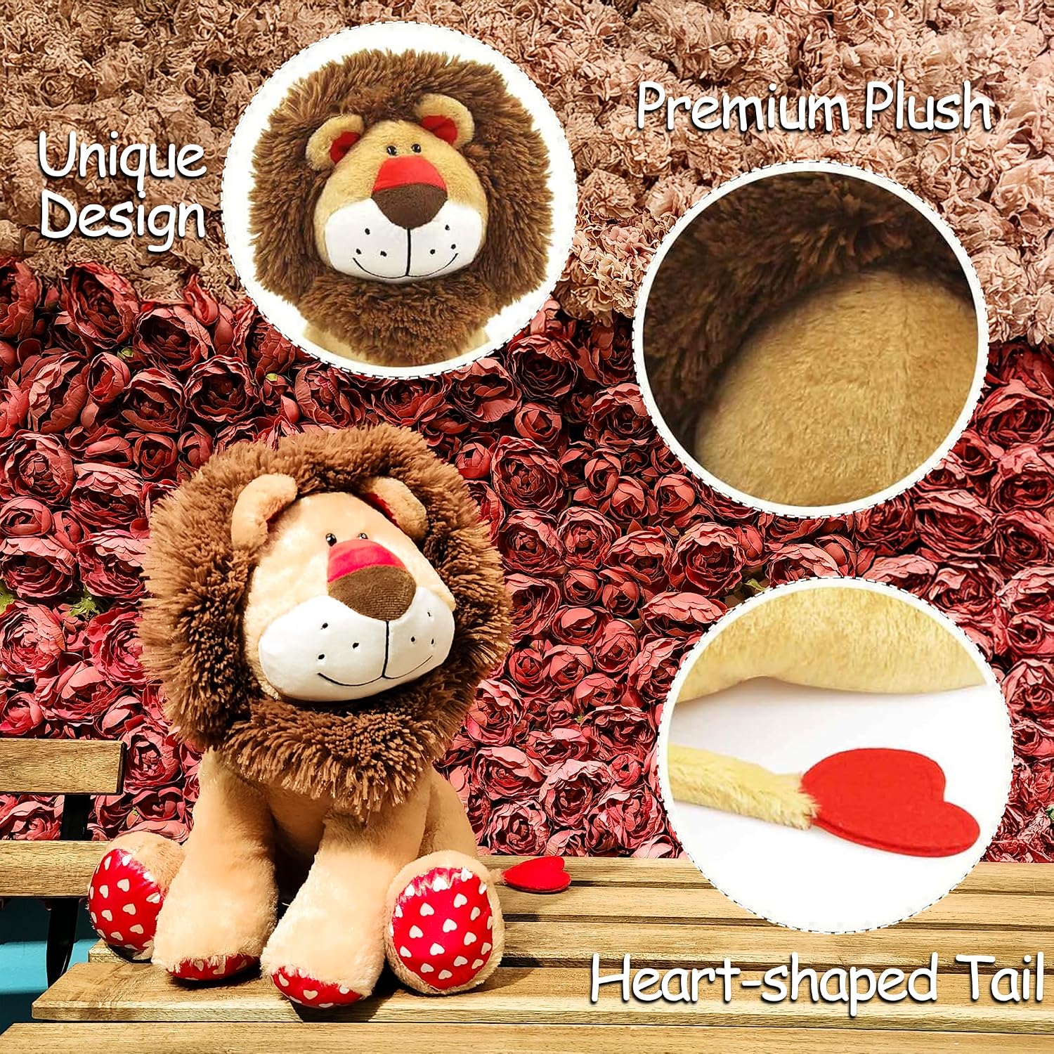 Detalle de WEIGEDU Love Lion Stofftier König Löwe, 35 cm – Mähne aus einem Stück, Herzmuster an Schwanz & Pfoten