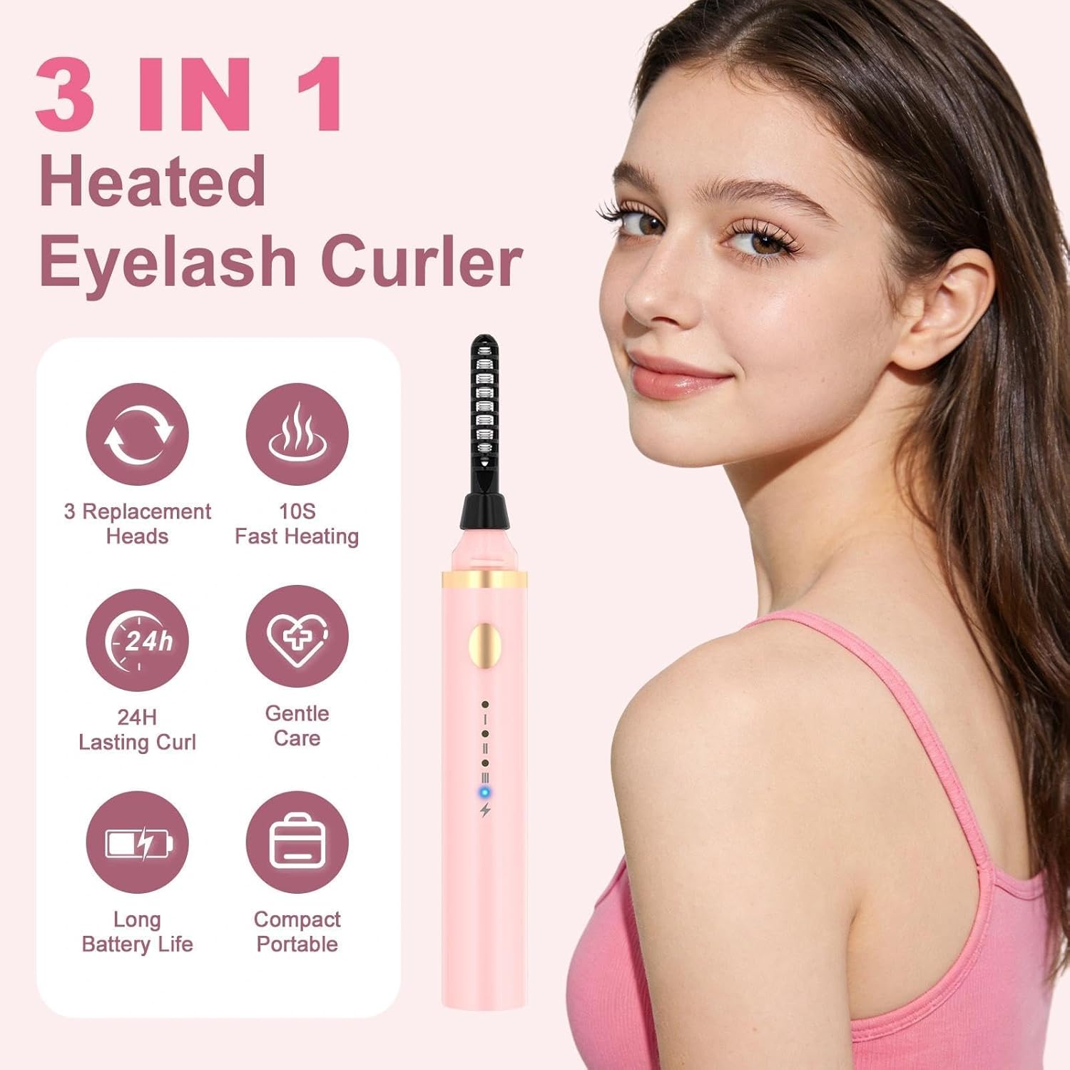 Detalle de 3 in 1 Heated Eyelash Curler Electric with USB-C Rechargeable Power | 3 Interchangeable Heads, 65/75/85°C — Pink