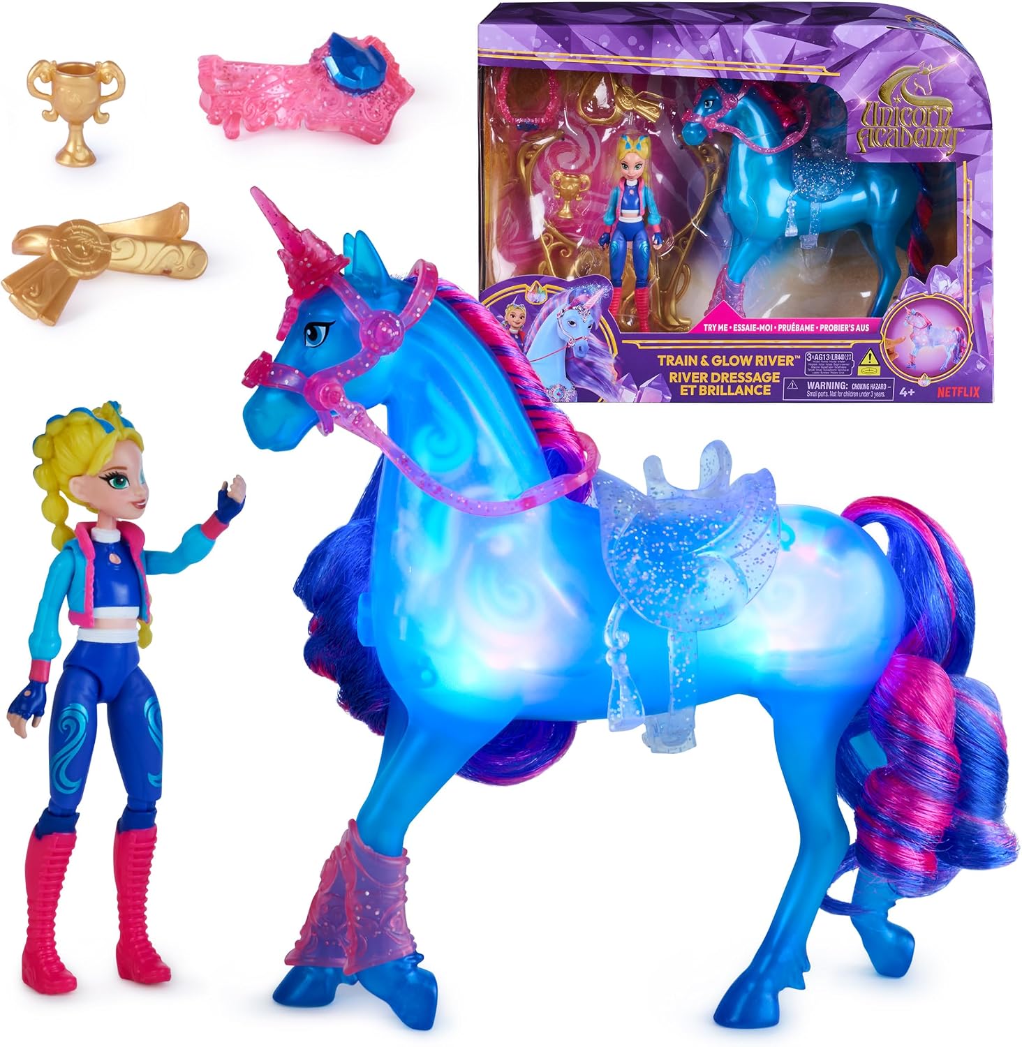 Detalle de Unicorn Academy – L’École des Licornes : playset interactif River & Isabel, licorne lumineuse et poupée à collectionner