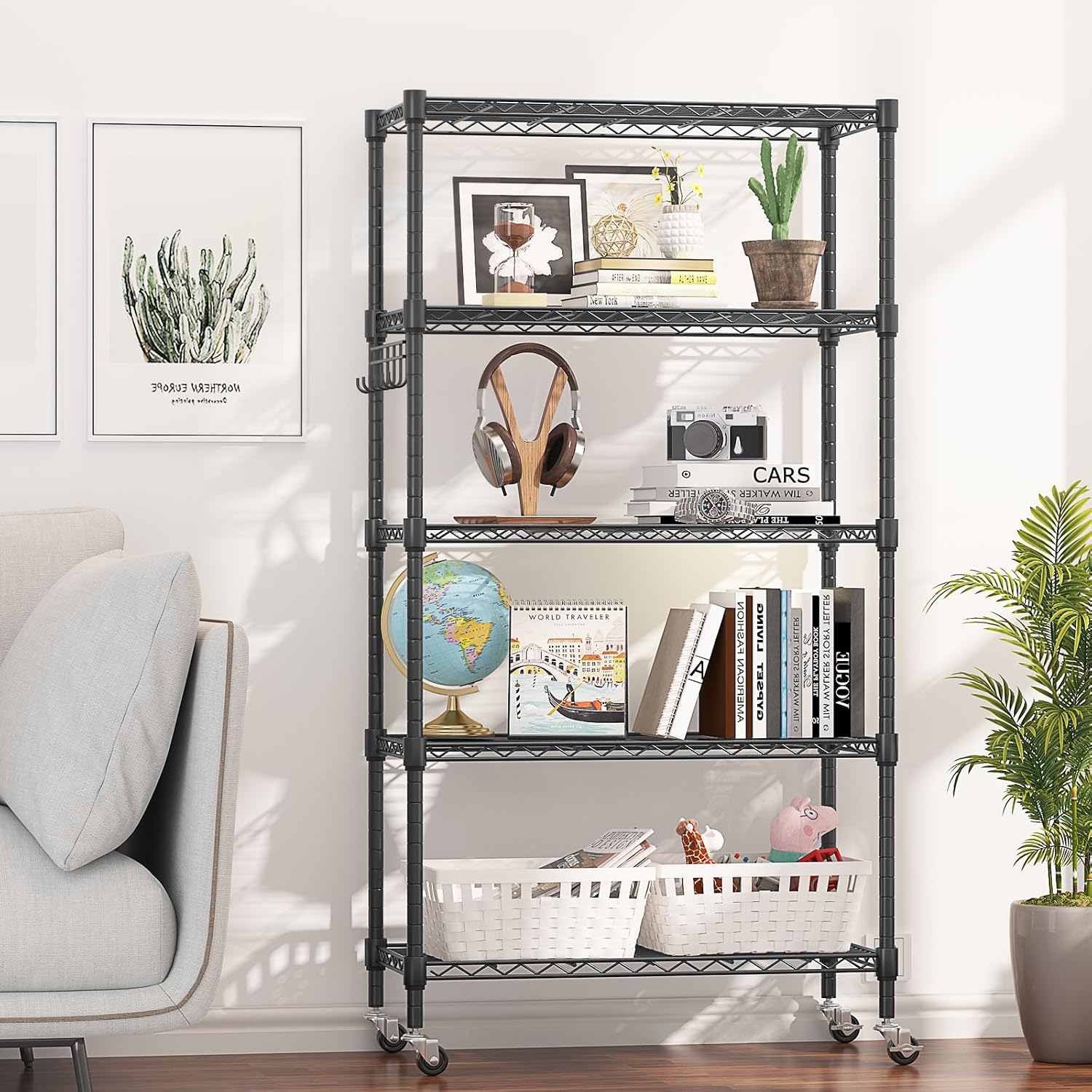 Detalle 2 de Himimi 5-Tier Wire Shelving Unit on Wheels, Adjustable Carbon Steel Rack