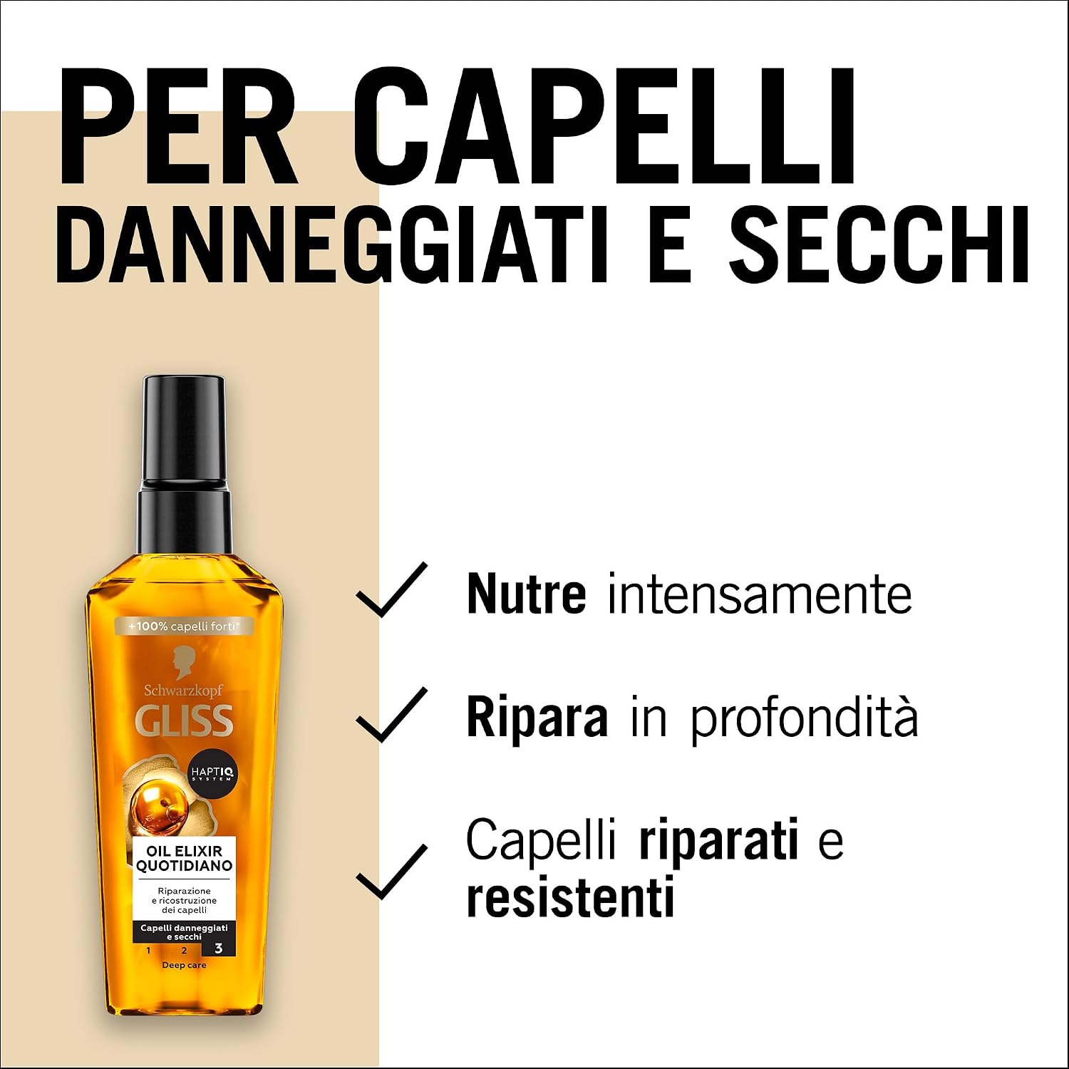 Detalle de Schwarzkopf Gliss Oil Elixir Quotidiano 75 ml: olio nutriente per capelli danneggiati, con HAPTIQ System
