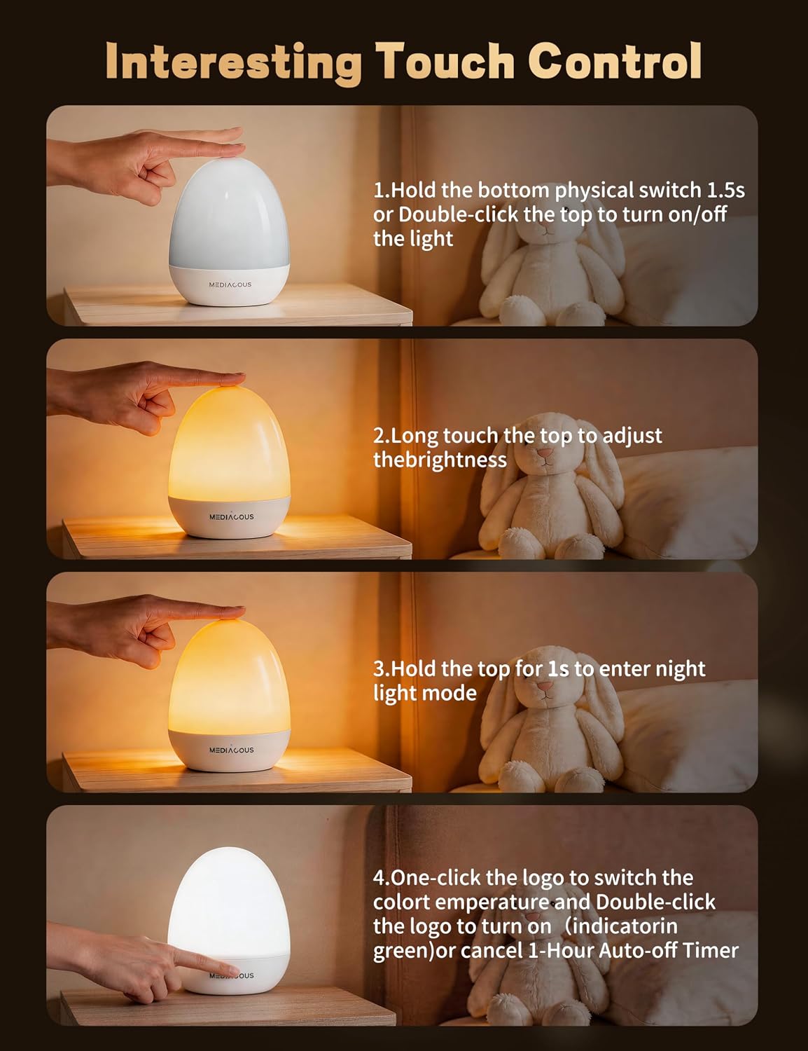 Detalle 1 de MediAcous ME-NL02 Egg Night Light with Touch Dimming and 1-Hour Timer