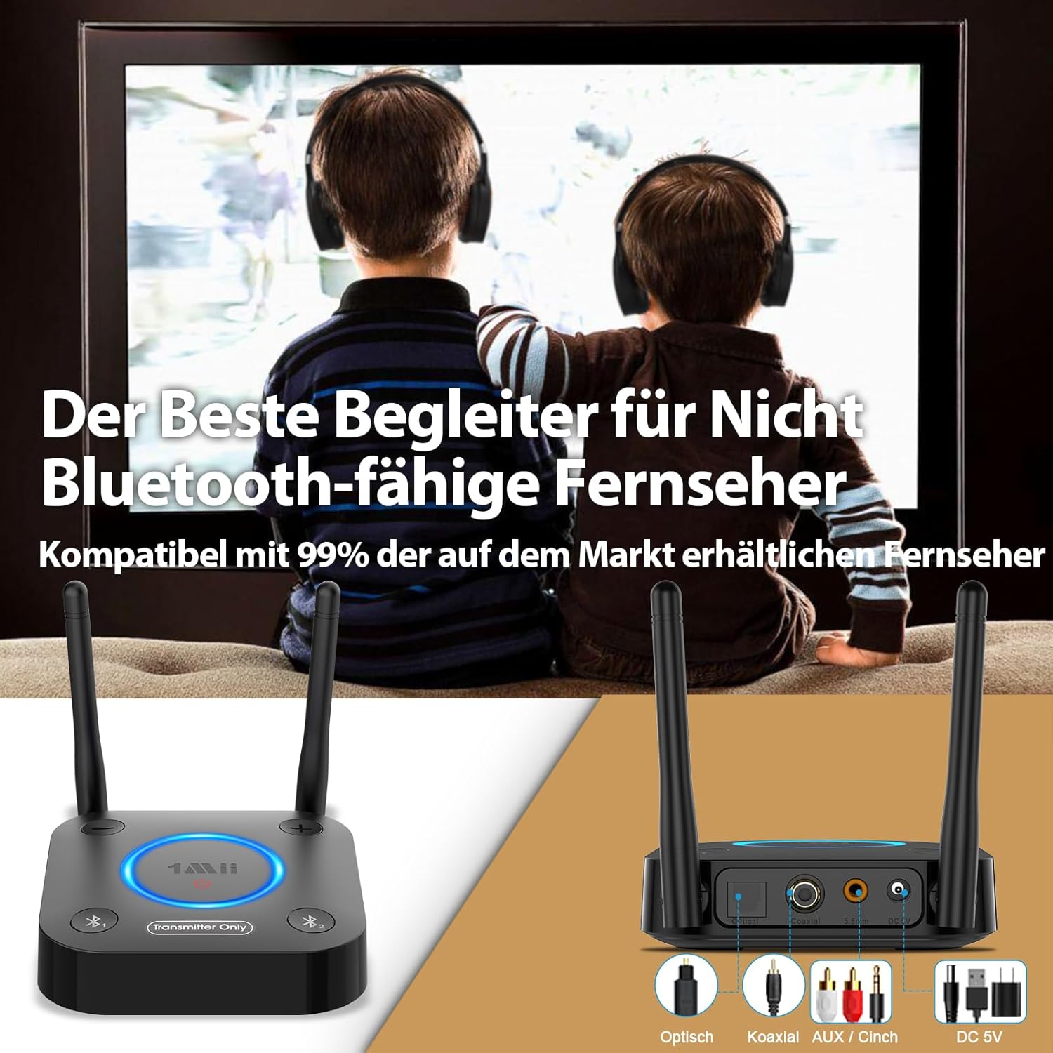Thumbnail 5 de 1Mii B06TX Bluetooth 5.3 Transmitter für TV – aptX HD & Low Latency, Dual-Link, Großer Reichweite