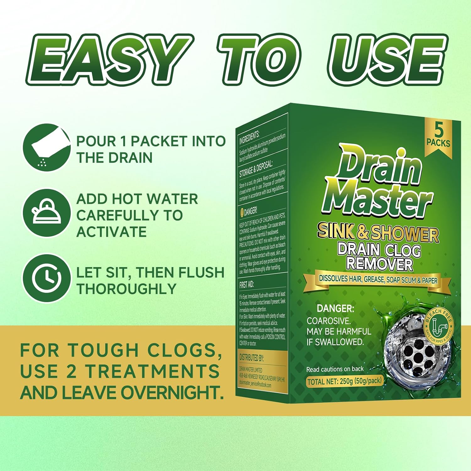 Detalle 1 de Drain Master Drain Cleaner Powder, 5 Pre-Measured Packets for Sinks and Showers