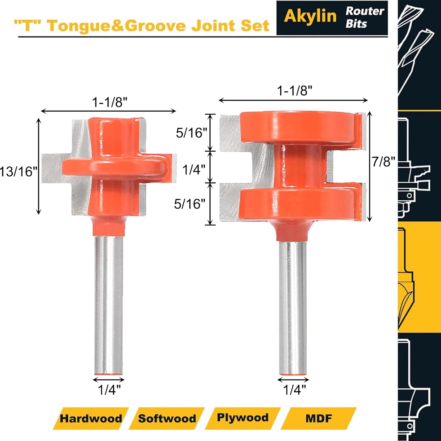 Thumbnail 1 de 2pcs T Tongue and Groove Joint Set for Router Bits, 1/4" Shank, Carbide Tipped
