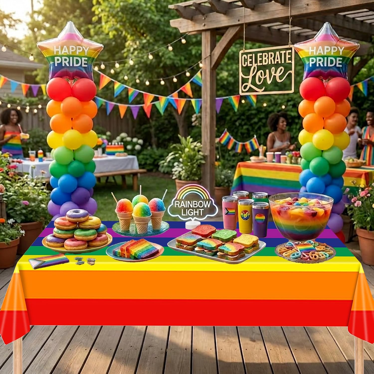 Detalle de Everglit Rainbow Stripe Disposable Tablecloth, 137 × 274 cm, 2-Pack