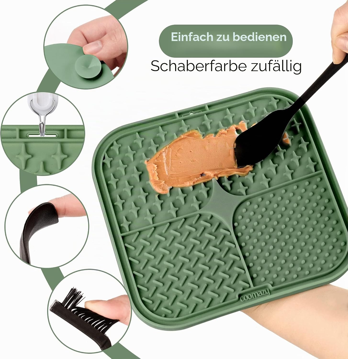 Detalle de Coomazy Leckmatte für Hunde (2er Set) mit Silikonspatel und Bürste – Slow Feeder Leckmatte zur Fellpflege & Beruhigung