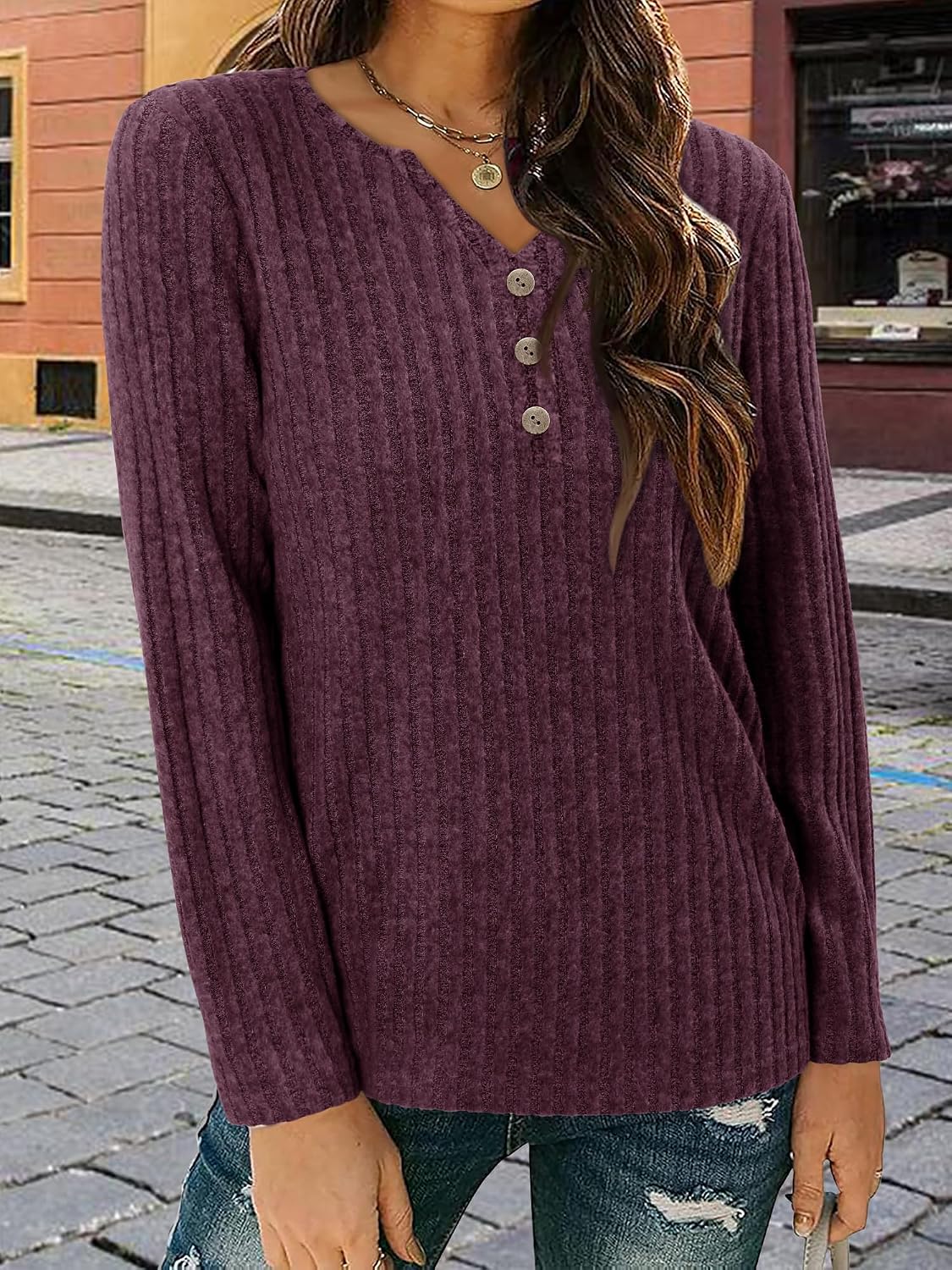 Thumbnail 2 de onlypuff Women's V-Neck Long-Sleeve Tunic Top, Loose-Fit Lightweight Sweater
