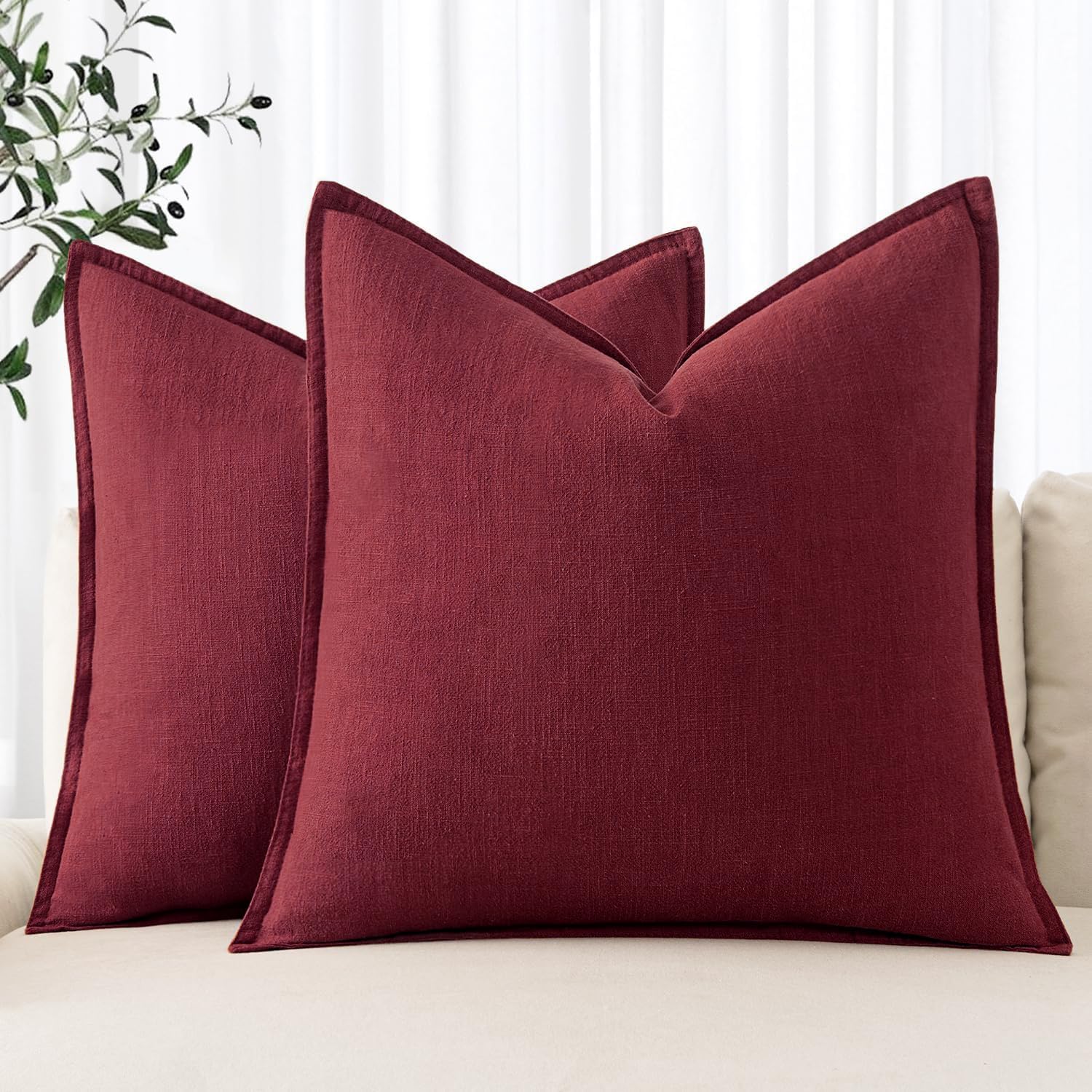 Detalle de MIULEE Decorative Linen Pillow Covers, 24 x 24-Inch Burgundy, Set of 2