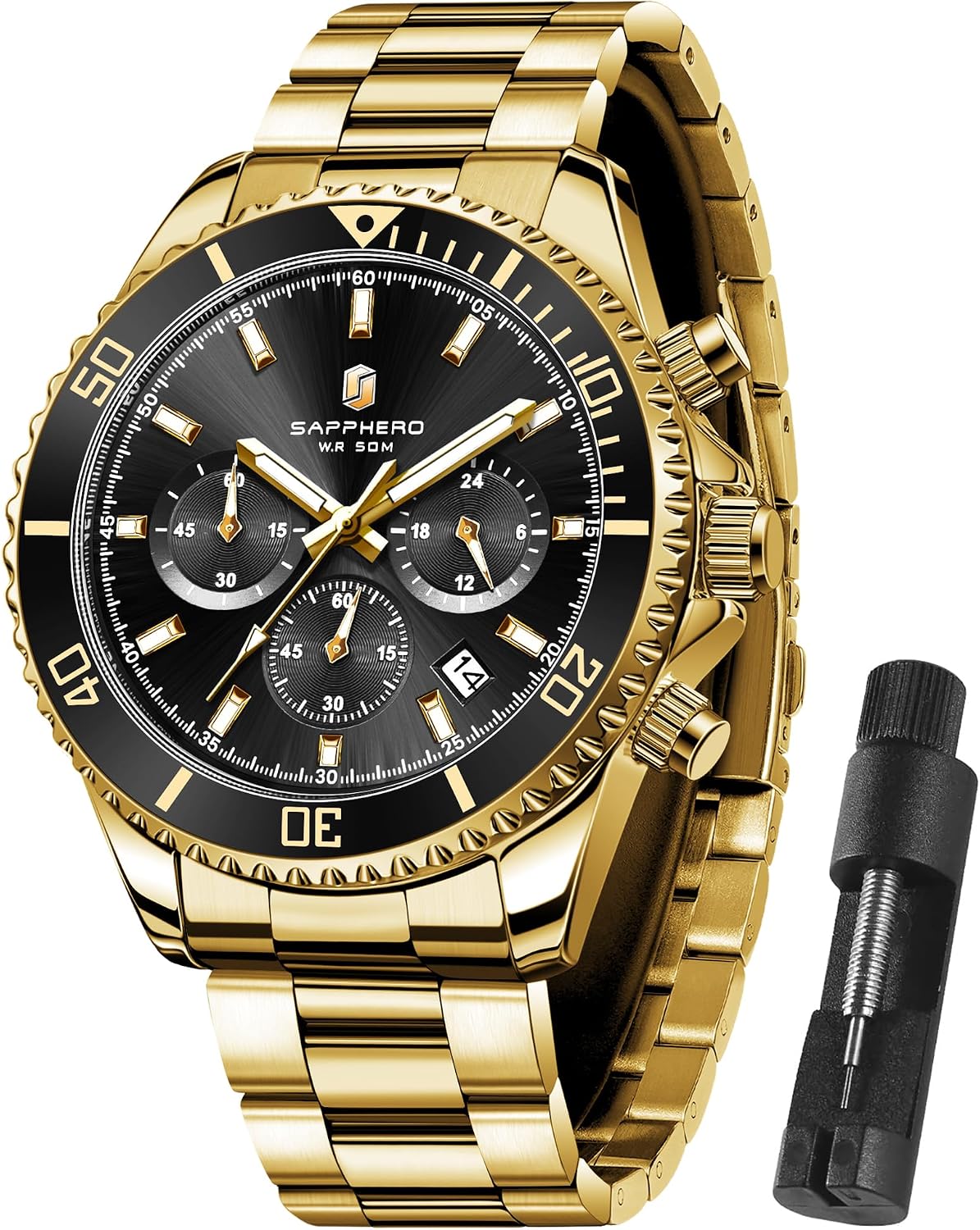 Detalle de SAPPHERO Orologio uomo analogico al quarzo con cronografo, 50M impermeabile e cinturino in acciaio