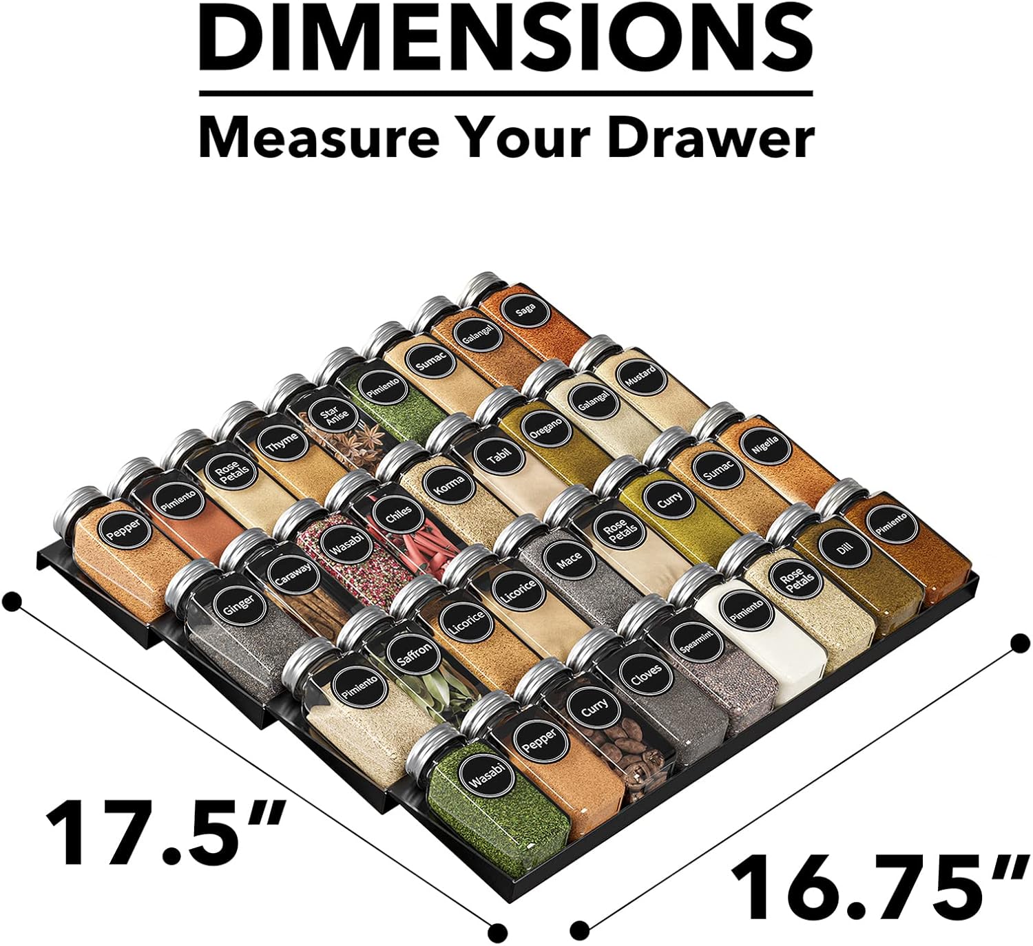 Detalle de SpaceAid Spice Drawer Organizer Set with 36 Glass Spice Jars, 4-Tier Rack & Labels