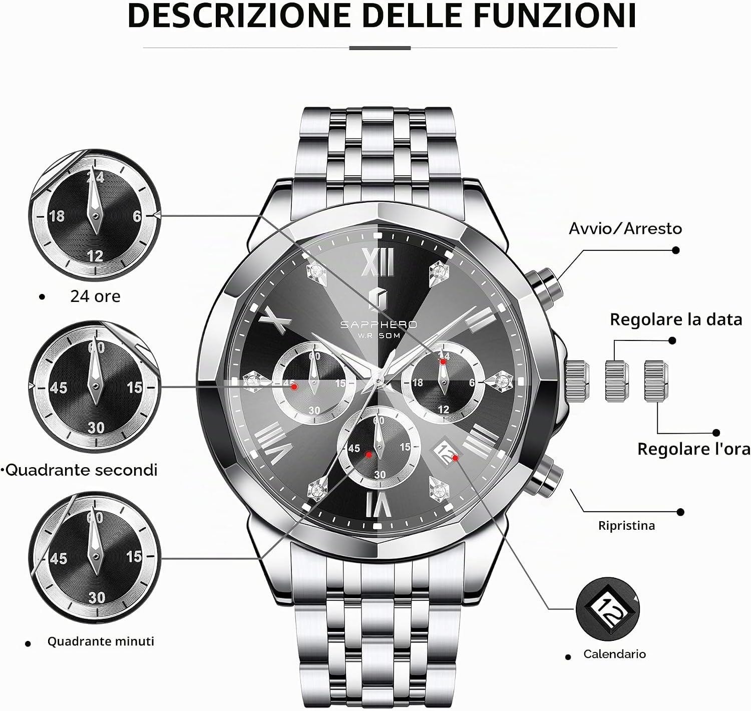 Thumbnail 6 de SAPPHERO Orologio da uomo Analogico Quarzo Cronografo 50M – Elegante e Sportivo in Acciaio