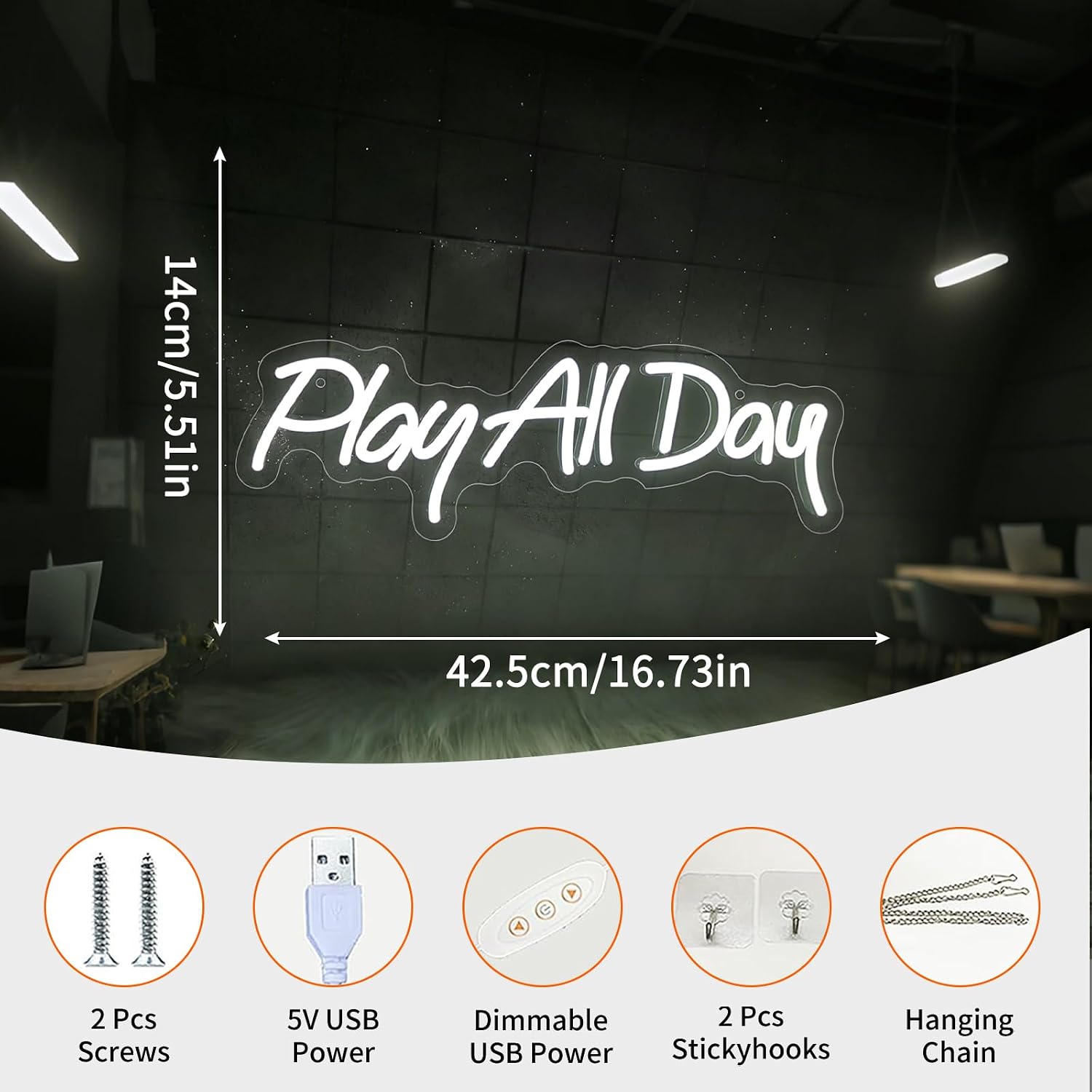 Detalle 2 de Play All Day Neon Schild – LED Weiß Neon Sign für Wanddekoration