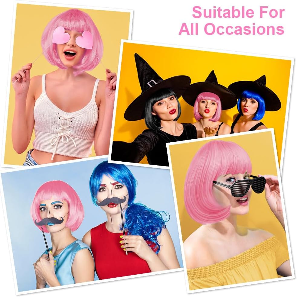 Detalle de Aomig Pink/B Short Bob Wig for Women – 3 PCS Set (Synthetic, Heat-Resistant)
